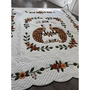 Hand Stitched Quilt Pheasant Peacock Folk Art Cotton Handsewn King 98x113 Amish